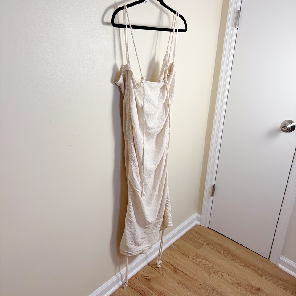 JLUXLABEL Midi Dress Womens XL Cream Linen Blend Ruched Cowl Neck Rope Straps - Picture 8 of 10